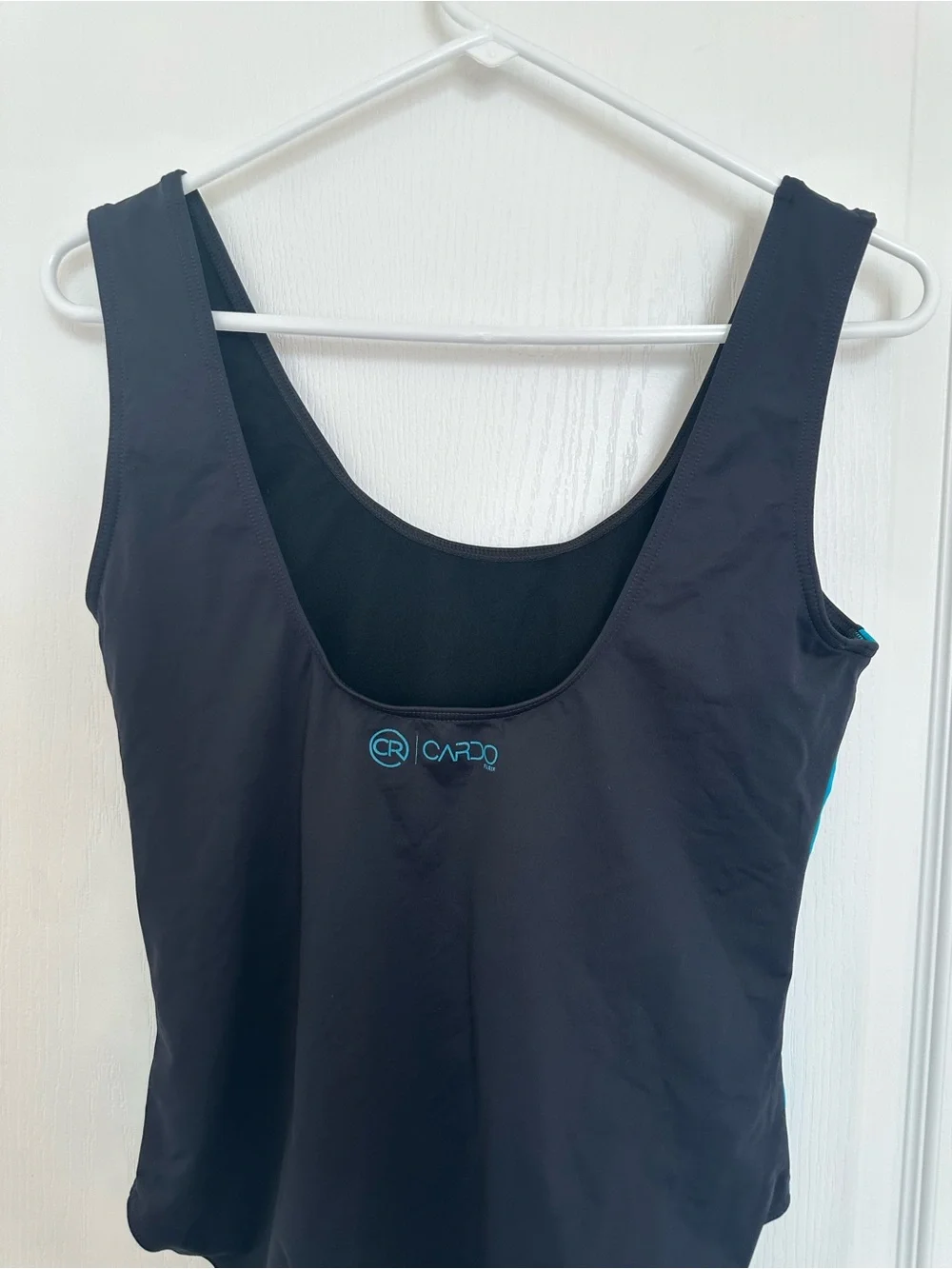 Women’s Black One-Piece Swimsuit with Blue Side Panels Size 10